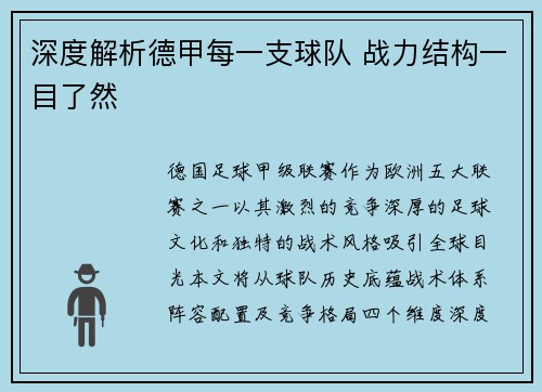 深度解析德甲每一支球队 战力结构一目了然