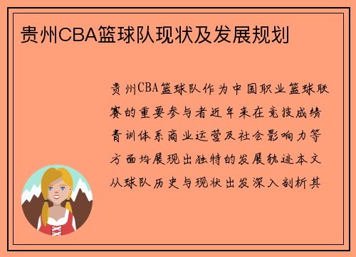 贵州CBA篮球队现状及发展规划